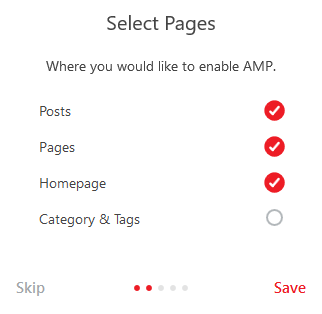 select pages for amp for wp